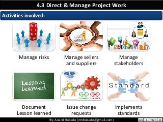 By: Anand Bobade (nmbobade@gmail.com)By: Anand Bobade (nmbobade@gmail.com)
4.3 Direct & Manage Project Work
Manage risks Manage sellers
and suppliers
Manage
stakeholders
Document
Lesson learned
Issue change
requests
Implements
standards
Activities involved:
4.3 I T&T O
 
