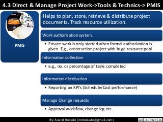 By: Anand Bobade (nmbobade@gmail.com)By: Anand Bobade (nmbobade@gmail.com)
4.3 Direct & Manage Project Work->Tools & Technics-> PMIS
PMIS
Helps to plan, store, retrieve & distribute project
documents. Track resource utilization.
Work authorisation system.
• Ensure work is only started when formal authorization is
given. E.g., construction project with huge resource pool
Information collection
• e.g., no. or percentage of tasks completed
Information distribution
• Reporting on KPI’s (Schedule/Cost performance)
Manage Change requests
• Approval workflow, change log etc.
4.3 I T&T O
 
