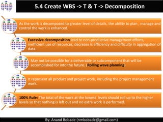 By: Anand Bobade (nmbobade@gmail.com)
5.4 Create WBS -> Introduction
WBS Dictionary:
Provides detailed deliverable, activity, & scheduling
information about each component in the WBS.
Code of account identifier
Description of the work
Responsibilities
Milestones
Resource
Cost
 