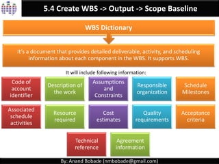 By: Anand Bobade (nmbobade@gmail.com)
5.4. Create WBS -> Input-> Requirements Documents
Business requirements
•Objectives for traceability
•Business rules
Stakeholder requirements
•Stakeholder communication
•Reporting
Solution requirements
•Functional and non
functional
•Technology & standard
Transition requirements Project requirements
•Level of service,
performance, compliance
•Acceptance criteria
Quality requirements
Requirements
documentation
It describes how individual requirements meet the business
need for the project.
Assumptions
Dependenc
-ies
Constraints
 