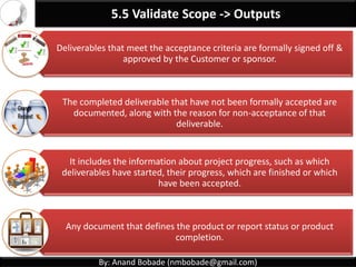 By: Anand Bobade (nmbobade@gmail.com)
5.4 Create WBS -> Data Flow diagram
5.1 Plan Scope
Management
Scope Management
plan
5.2 Collect
Requirements
5.3 Define Scope
5.5 Validate Scope
Requirements
documents
11.2 Identify Risks
11.3 Perform
quantities risk analysis
Project Scope
Statements
Scope Baseline
7.3 Determine Budget
Project
documents
Enterprise /
Organization
OPA 5.4 Create WBS
Project document
updates
6.2 Define Activities
7.2 Estimate Cost
4.2 Develop PM plan
 