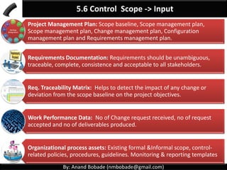 By: Anand Bobade (nmbobade@gmail.com)
5.5 Validate Scope
• It is primarily concerned with
correctness of deliverables &
meeting quality requirements
specified for deliverables.
Quality Control
(Project Quality Manag.)
• This process is primarily
concerned with acceptance
of the deliverables.
Validate Scope
(Project Scope Manag.)
Control Quality is generally performed before Validate
Scope, although the two processes may be performed in
parallel but quality control will complete first.
The verified deliverables obtained from Control Quality
process are reviewed with customer & get formal
acceptance.
 