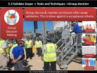 By: Anand Bobade (nmbobade@gmail.com)
5.5 Validate Scope -> Tools and Techniques ->Group decision
Group discuss & reaches conclusion after scope
validation. This is done against a acceptance criteria.
Group
Decision
Making
Unanimity:
Majority:
Plurality:
Dictatorship:
 