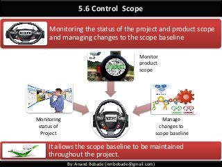 By: Anand Bobade (nmbobade@gmail.com)
5.6 Control Scope
Monitoring
status of
Project
Monitor
product
scope
Manage
changes to
scope baseline
Monitoring the status of the project and product scope
and managing changes to the scope baseline
It allows the scope baseline to be maintained
throughout the project.
 