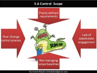 By: Anand Bobade (nmbobade@gmail.com)
5.6 Control Scope
Poorly defined
requirements
Lack of
stakeholder
engagement
Not managing
scope baselines
Poor Change
control process
 