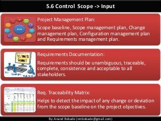 By: Anand Bobade (nmbobade@gmail.com)
5.6 Control Scope -> Input
Project Management Plan:
Scope baseline, Scope management plan, Change
management plan, Configuration management plan
and Requirements management plan.
Requirements Documentation:
Requirements should be unambiguous, traceable,
complete, consistence and acceptable to all
stakeholders.
Req. Traceability Matrix:
Helps to detect the impact of any change or deviation
from the scope baseline on the project objectives.
 