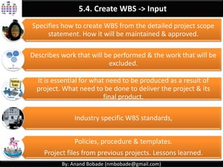 By: Anand Bobade (nmbobade@gmail.com)
5.4. Create WBS -> Definition
CRM Project
Initiation
Project charter
Feasibility Study
Business Case
Stakeholder List
Project Kick-off
Study
Business
Requirement
Document
Reporting
Requirements
System
Requirements
PMP
Vendor selection
Integration
Requirements
Design & Build
System Design
High level Design
Low level Design
System Build
Build module1
Build Module2
Build Module3
Integration Build
Reports Build
Test
System Testing
Integration
Testing
User Acceptance
Testing
Security Testing
Performance
Testing
Operate
Training
Go-live
Handover
Training
Contract Closure
Project closure
 