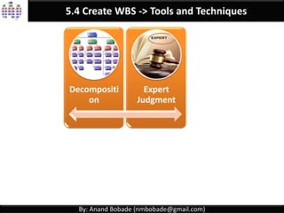 By: Anand Bobade (nmbobade@gmail.com)
5.4. Create WBS -> Introduction
Work Break down Structure (WBS)
Subdivide Project’s deliverables &
Scope.
Its Hierarchical.
Helps to accomplish Project
objectives.
100% rule:
• WBS contains 100% of the Project scope.
• It contains all project deliverables.
• If something is not in WBS then it is not a part of the project.
 