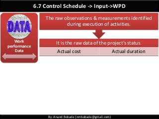 By: Anand Bobade (nmbobade@gmail.com)
6.7 Control Schedule -> Input->WPD
Work
performance
Data
It is the raw data of the project’s status.
Actual cost Actual duration
The raw observations & measurements identified
during execution of activities.
 