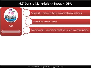 By: Anand Bobade (nmbobade@gmail.com)
6.7 Control Schedule -> Input ->OPA
OPA
Schedule control related organizational policies
Schedule control tools
Monitoring & reporting methods used in organization
 