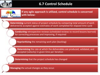 By: Anand Bobade (nmbobade@gmail.com)
6.6 Develop Schedule
Develop Schedule Definition
Develop Schedule : ITTO
What is PDM & schedule network diagram?
What is critical path? What is critical chain?
What is Float or Slack?
Review
Guidelines for exam questions
Self Assessment
6.1 I T&T O
 