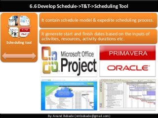 By: Anand Bobade (nmbobade@gmail.com)
6.6 Develop Schedule->T&T->Scheduling Tool
Scheduling tool
It contain schedule model & expedite scheduling process.
It generate start and finish dates based on the inputs of
activities, resources, activity durations etc.
 