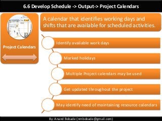 By: Anand Bobade (nmbobade@gmail.com)
6.6 Develop Schedule -> Output-> Project Calendars
Project Calendars
A calendar that identifies working days and
shifts that are available for scheduled activities.
Identify available work days
Marked holidays
Multiple Project calendars may be used
Get updated throughout the project
May identify need of maintaining resource calendars
 