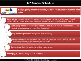 By: Anand Bobade (nmbobade@gmail.com)
6.7 Control Schedule
If any agile approach is utilized, control schedule is concerned with
below:
Determining current status of project schedule by comparing total amount of work
delivered & accepted against estimates of work completed for elapsed time cycle
Conducting retrospective reviews (scheduled reviews to record lessons learned) for
correcting processes and improving, if required
Reprioritizing the remaining work plan (backlog)
Determining the rate at which the deliverables are produced, validated, and
accepted (velocity) in given time per iteration
Determining that the project schedule has changed
Managing the actual changes as they occur.
 