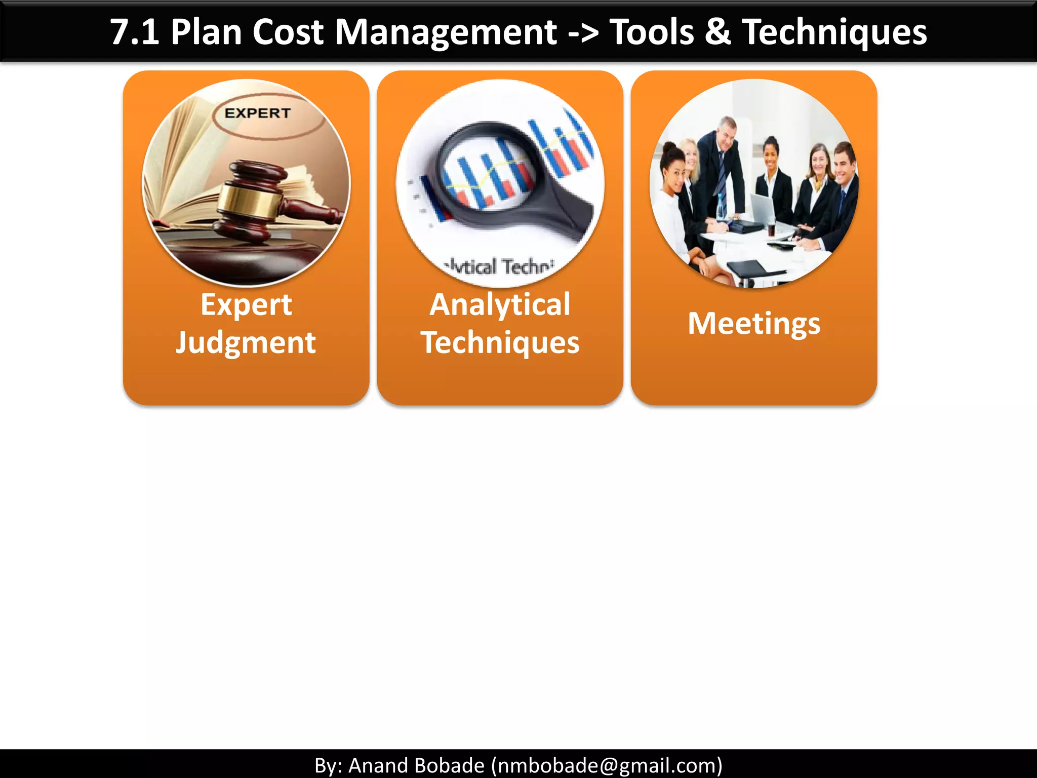 By: Anand Bobade (nmbobade@gmail.com)
• Money that has been spent in
the past;
• When deciding what projects
to invest in or continue, you
should not include sunk costs.
• Sunk costs should be
forgotten
Sunk cost
The cost given up by selecting
one project over another.
Opportunity Cost:
7. Project Cost Management -> Sunk Cost Vs. Opportunity cost
 