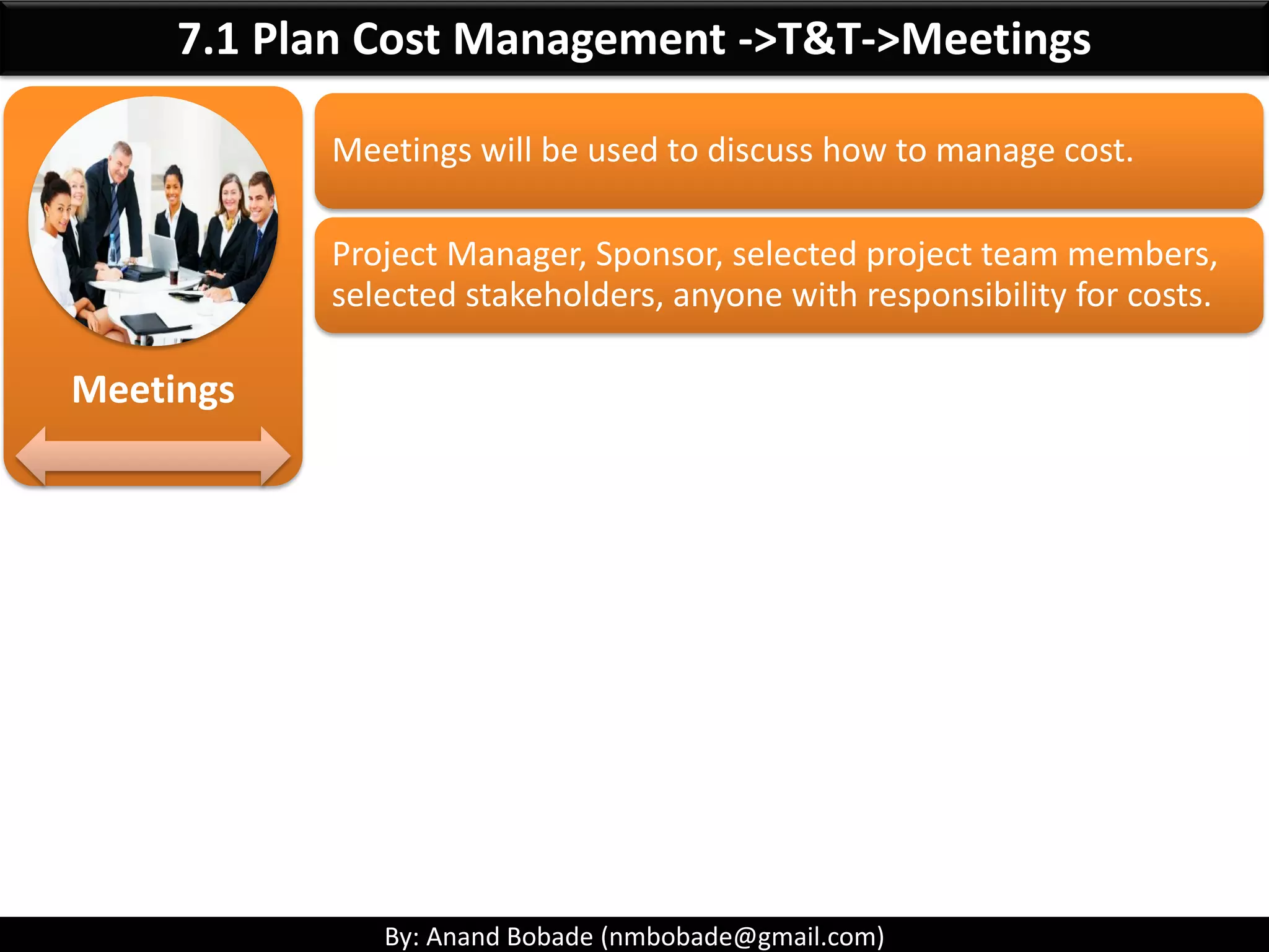 By: Anand Bobade (nmbobade@gmail.com)
7.1 Plan Cost Management
Plan Cost Management Definition
Plan Cost Management : ITTO
What are Analytical Techniques?
What is inside cost Management plan?
What is Life cycle costing?
Data flow diagram
Review
Guidelines for exam questions
Self Assessment
6.1 I T&T O
 
