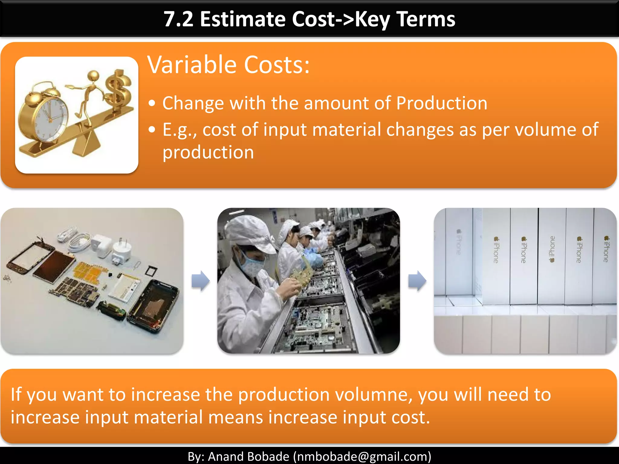 By: Anand Bobade (nmbobade@gmail.com)
7.1 Plan Cost Management->Output->Cost Management Plan
Cost
Management
Plan
Control Thresholds:
• Agreed amount of variation to be allowed.
• 1% Schedule variance to schedule baseline.
Rules for Performance Measurement:
• Define points in WBS -> Measure Control Accounts
performance.
• Established EVM techniques (Weighted milestones,
fixed formula, % complete)
• Specify tracking methodologies (Calculating EAC)
• Used in Performance based contracts.
Reporting Formats:
• Agreed reporting format to share cost reports,
Cash-flow’s etc.
 