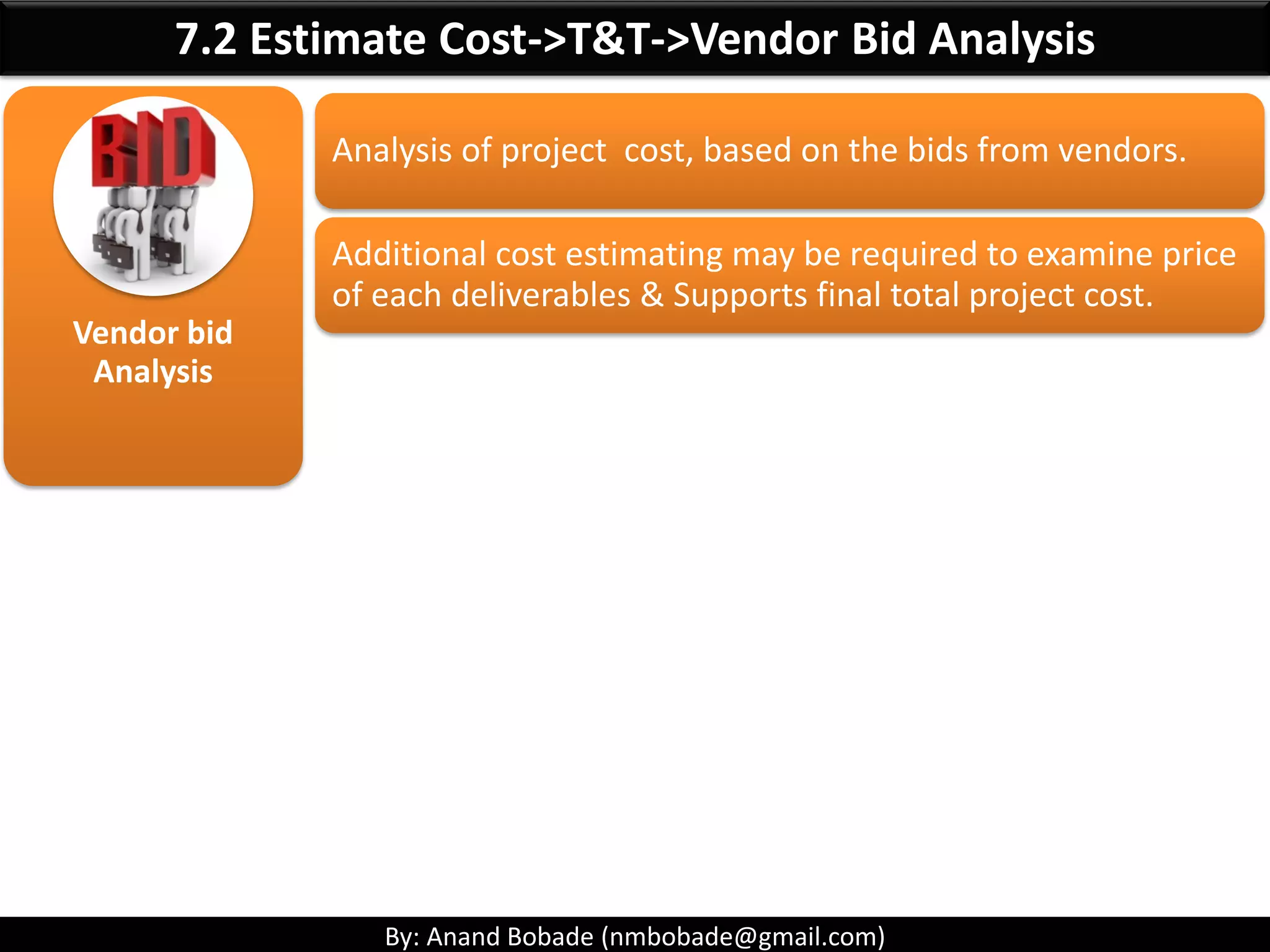 By: Anand Bobade (nmbobade@gmail.com)
7.2 Estimate Cost->Input->OPA
OPA
Existing cost policies, procedures, and guidelines (e.g.,
invoicing process)
Financial controls procedures.
Historical information and lessons learned (e.g., past
cost escalation issues)
Financial databases (Old project finance details)
 