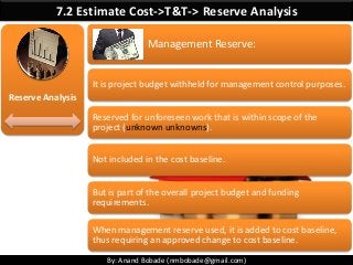 By: Anand Bobade (nmbobade@gmail.com)
7.2 Estimate Cost->T&T-> Reserve Analysis
Reserve Analysis
Management Reserve:
It is...