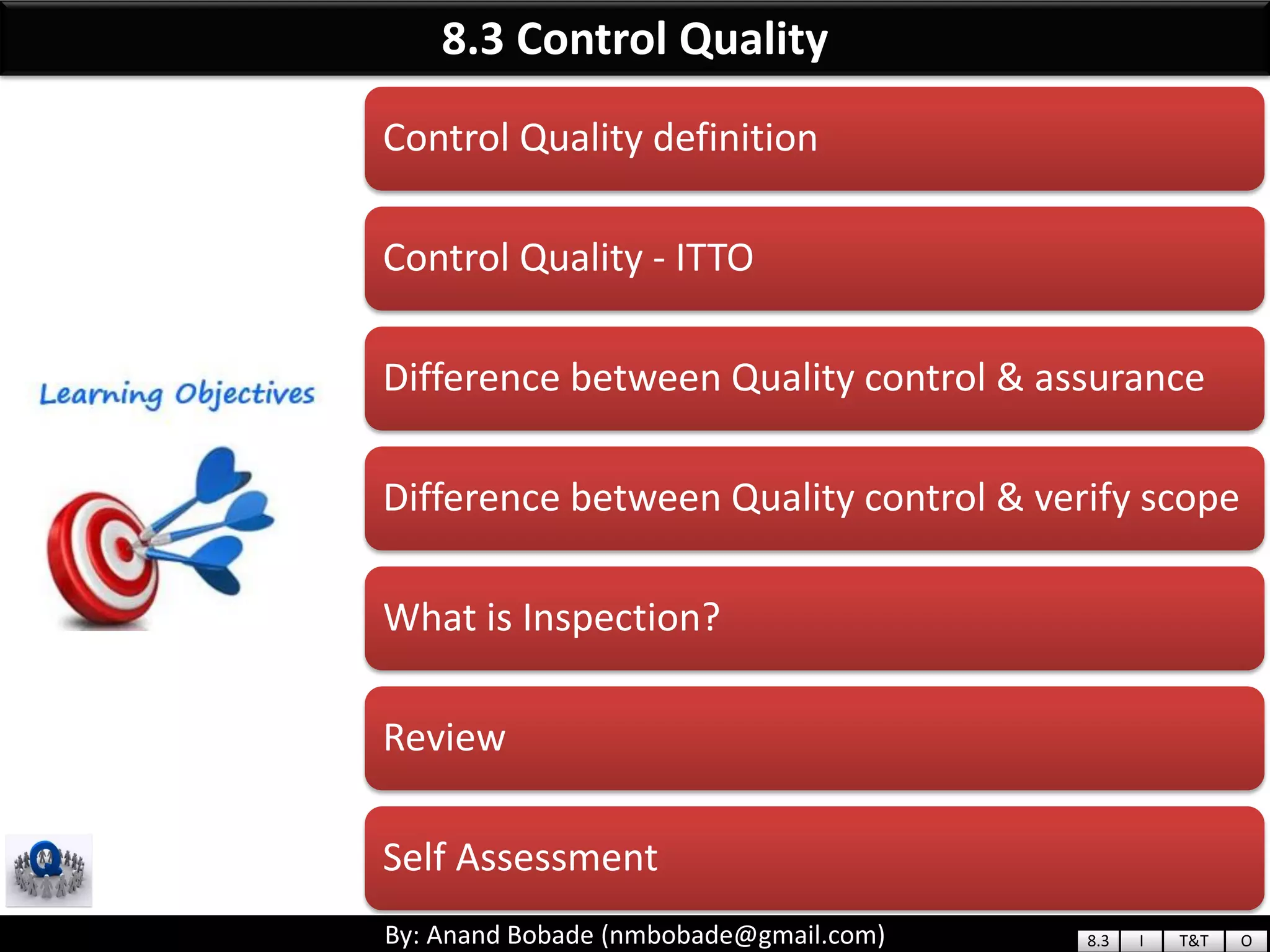 By: Anand Bobade (nmbobade@gmail.com)By: Anand Bobade (nmbobade@gmail.com)
8.3 Control Quality
Control Quality definition
Control Quality - ITTO
Difference between Quality control & assurance
Difference between Quality control & verify scope
What is Inspection?
Review
Self Assessment
8.3 I T&T O
 