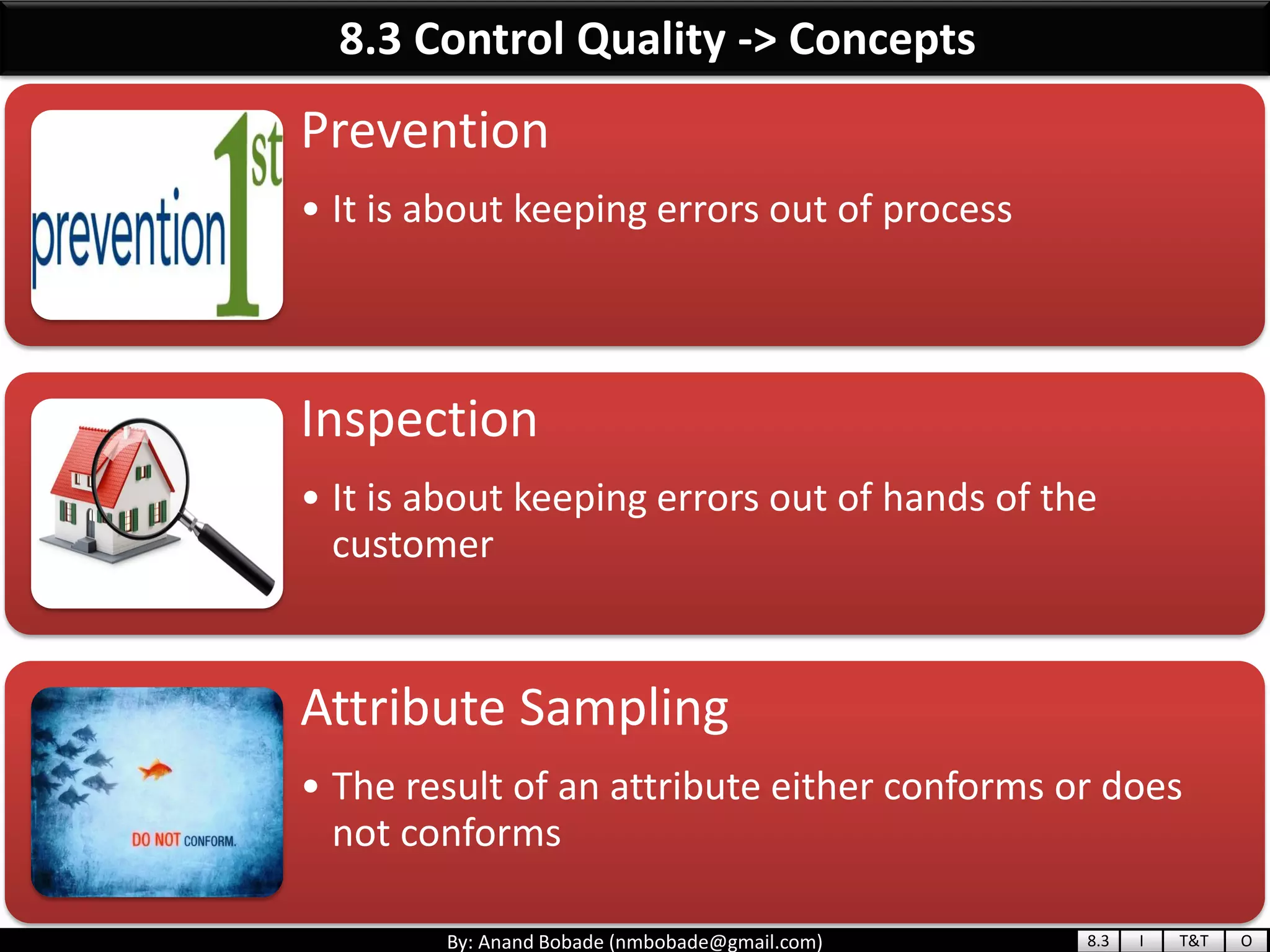 By: Anand Bobade (nmbobade@gmail.com)
8.3 Control Quality -> Concepts
Prevention
• It is about keeping errors out of process
Inspection
• It is about keeping errors out of hands of the
customer
Attribute Sampling
• The result of an attribute either conforms or does
not conforms
8.3 I T&T O
 