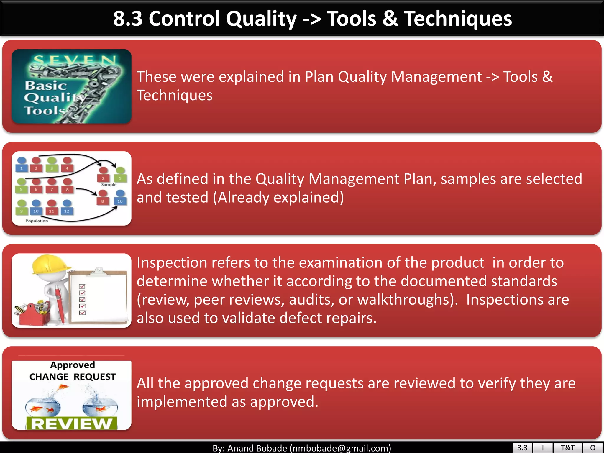 By: Anand Bobade (nmbobade@gmail.com)
8.3 Control Quality -> Tools & Techniques
These were explained in Plan Quality Management -> Tools &
Techniques
As defined in the Quality Management Plan, samples are selected
and tested (Already explained)
Inspection refers to the examination of the product in order to
determine whether it according to the documented standards
(review, peer reviews, audits, or walkthroughs). Inspections are
also used to validate defect repairs.
All the approved change requests are reviewed to verify they are
implemented as approved.
8.3 I T&T O
 