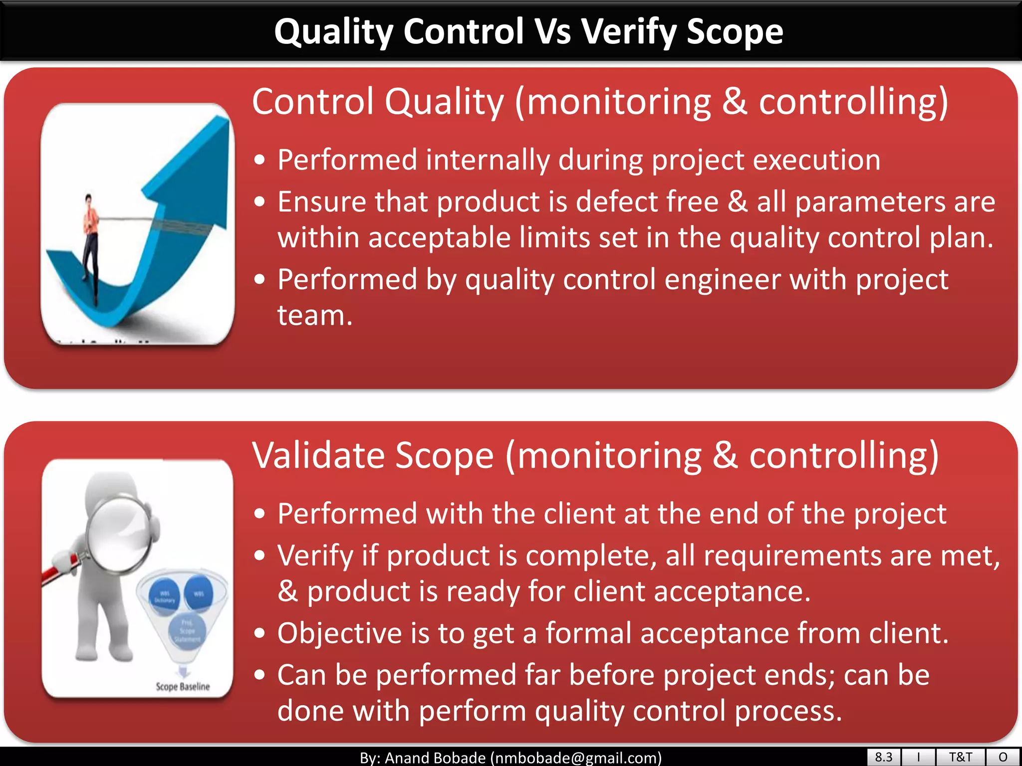 By: Anand Bobade (nmbobade@gmail.com)
Quality Control Vs Verify Scope
Control Quality (monitoring & controlling)
• Performed internally during project execution
• Ensure that product is defect free & all parameters are
within acceptable limits set in the quality control plan.
• Performed by quality control engineer with project
team.
Validate Scope (monitoring & controlling)
• Performed with the client at the end of the project
• Verify if product is complete, all requirements are met,
& product is ready for client acceptance.
• Objective is to get a formal acceptance from client.
• Can be performed far before project ends; can be
done with perform quality control process.
8.3 I T&T O
 