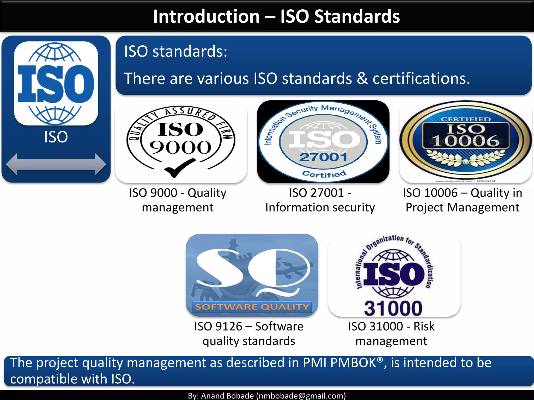 By: Anand Bobade (nmbobade@gmail.com)
ISO
ISO standards:
There are various ISO standards & certifications.
ISO 9000 - Quality
management
ISO 27001 -
Information security
ISO 10006 – Quality in
Project Management
ISO 9126 – Software
quality standards
ISO 31000 - Risk
management
Introduction – ISO Standards
The project quality management as described in PMI PMBOK®, is intended to be
compatible with ISO.
 