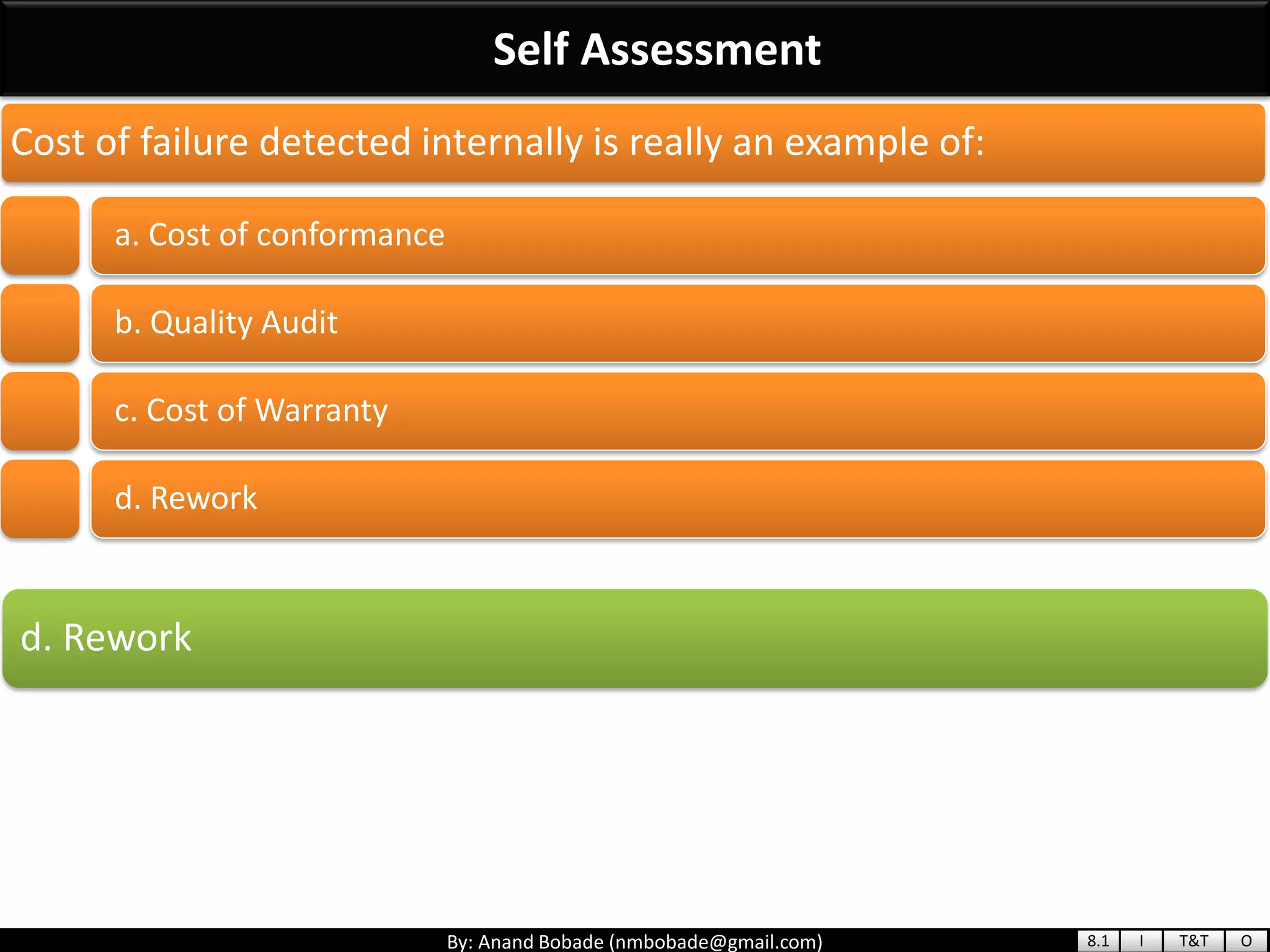 By: Anand Bobade (nmbobade@gmail.com)
Self Assessment
d. Rework
Cost of failure detected internally is really an example of:
a. Cost of conformance
b. Quality Audit
c. Cost of Warranty
d. Rework
8.1 I T&T O
 