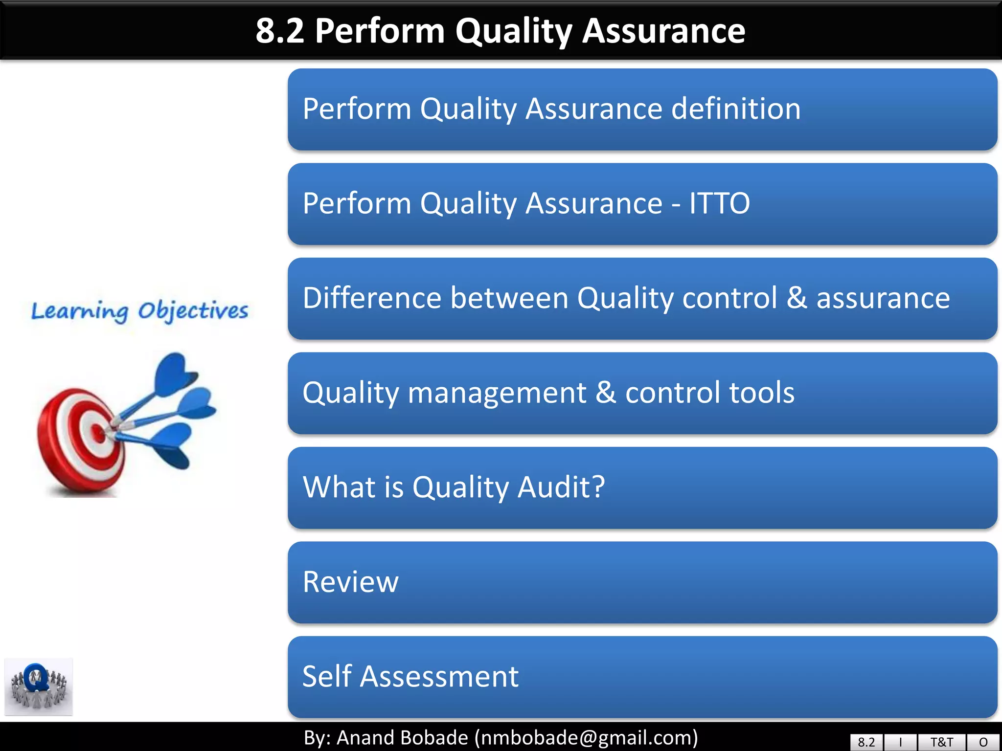 By: Anand Bobade (nmbobade@gmail.com)By: Anand Bobade (nmbobade@gmail.com)
8.2 Perform Quality Assurance
Perform Quality Assurance definition
Perform Quality Assurance - ITTO
Difference between Quality control & assurance
Quality management & control tools
What is Quality Audit?
Review
Self Assessment
8.2 I T&T O
 