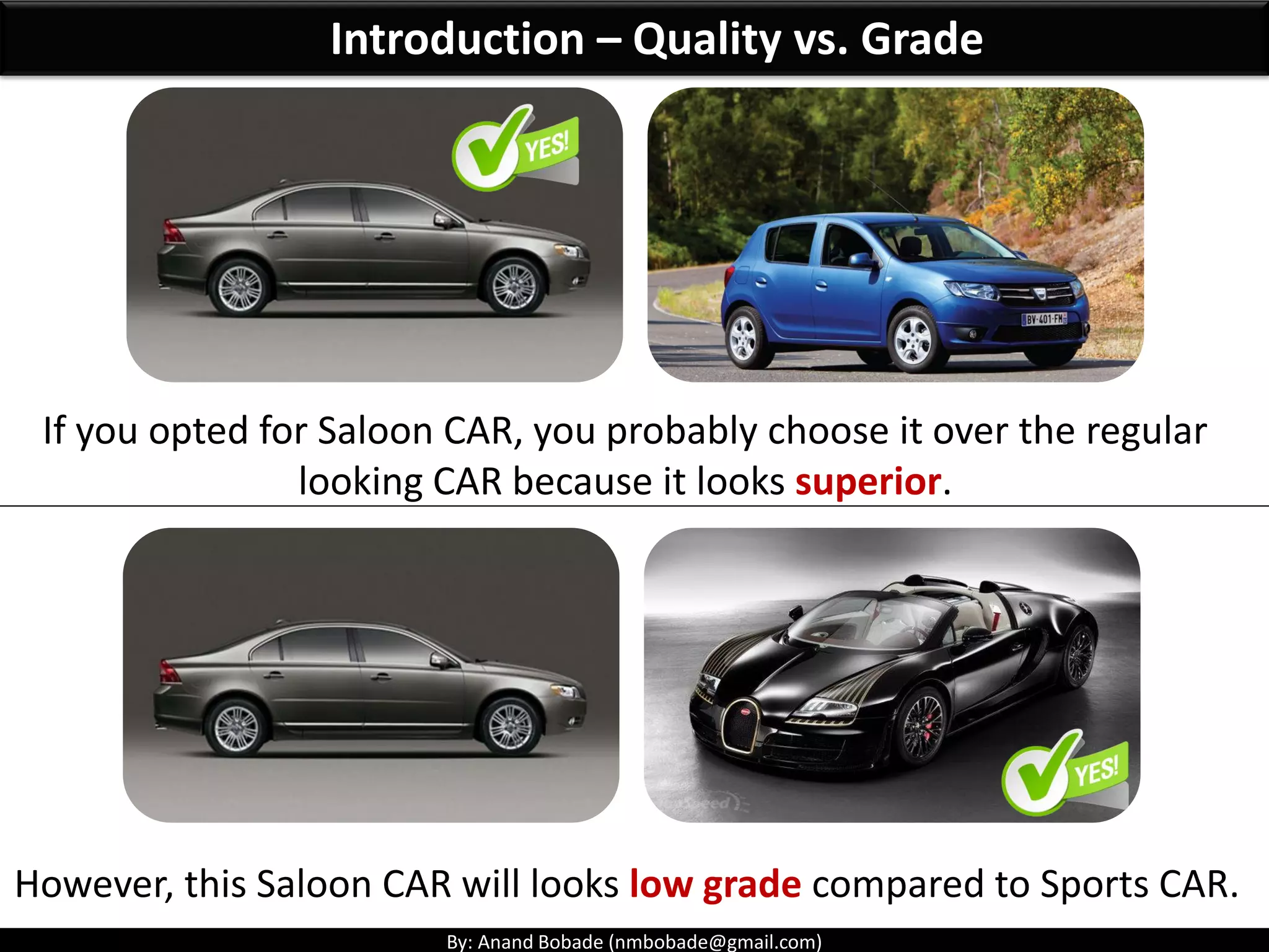 By: Anand Bobade (nmbobade@gmail.com)
Introduction – Quality vs. Grade
If you opted for Saloon CAR, you probably choose it over the regular
looking CAR because it looks superior.
However, this Saloon CAR will looks low grade compared to Sports CAR.
 