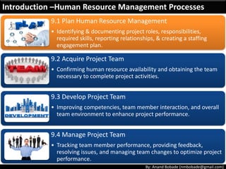 By: Anand Bobade (nmbobade@gmail.com)
HR Management
Plan
• When & how team members are released from a project.
• Costs associated with those resources are no longer with
project.
Release plan:
• Develop training plan, if resources assigned need training to
take up the project tasks.
Training needs
• Clear criteria for rewards and a planned system for their
use.
Recognition and rewards
• Strategies for complying with applicable government
regulations, union contracts & HR policies.
Compliance
• Policies and procedures that protect team members from
hazards
Safety
9.1 Plan Human Resource Management->Output
 