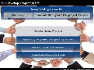 By: Anand Bobade (nmbobade@gmail.com)
9.3 Develop Project Team
Team Building is essential
Start early Continue throughout the project lifecycle
Develop team Process:
Neglected by many Project managers & Organizations
PM has to use soft skills to succeed
It helps building team trust & unity
 