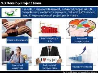 By: Anand Bobade (nmbobade@gmail.com)
It results in improved teamwork, enhanced people skills &
competencies, motivated employees, reduced staff turnover
rates, & improved overall project performance.
Improved teamwork
Enhanced people
skills
Enhanced
competencies
Motivated
employees
Reduced staff
turnover rates
Project Performance
9.3 Develop Project Team
 