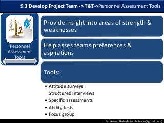 By: Anand Bobade (nmbobade@gmail.com)
Personnel
Assessment
Tools
Provide insight into areas of strength &
weaknesses
Help asses teams preferences &
aspirations
Tools:
• Attitude surveys
Structured interviews
• Specific assessments
• Ability tests
• Focus group
9.3 Develop Project Team -> T&T->Personnel Assessment Tools
 