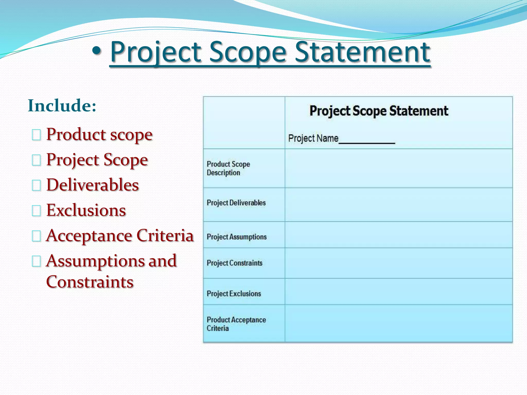 • Project Scope Statement
Include:
Product scope
Project Scope
Deliverables
Exclusions
Acceptance Criteria
Assumptions and
Constraints
 
