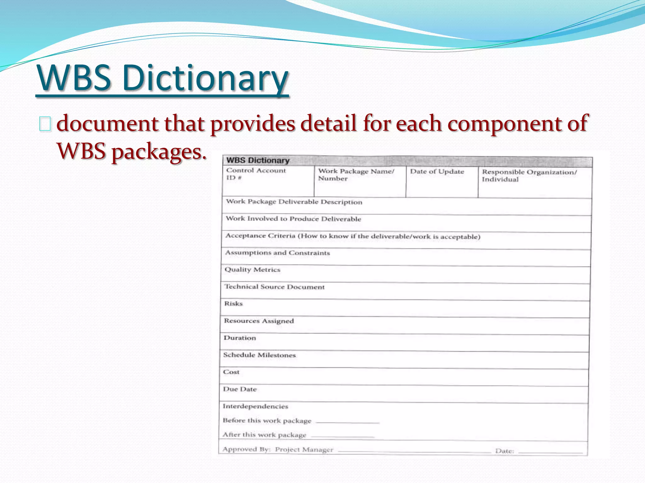 WBS Dictionary
document that provides detail for each component of
WBS packages.
 
