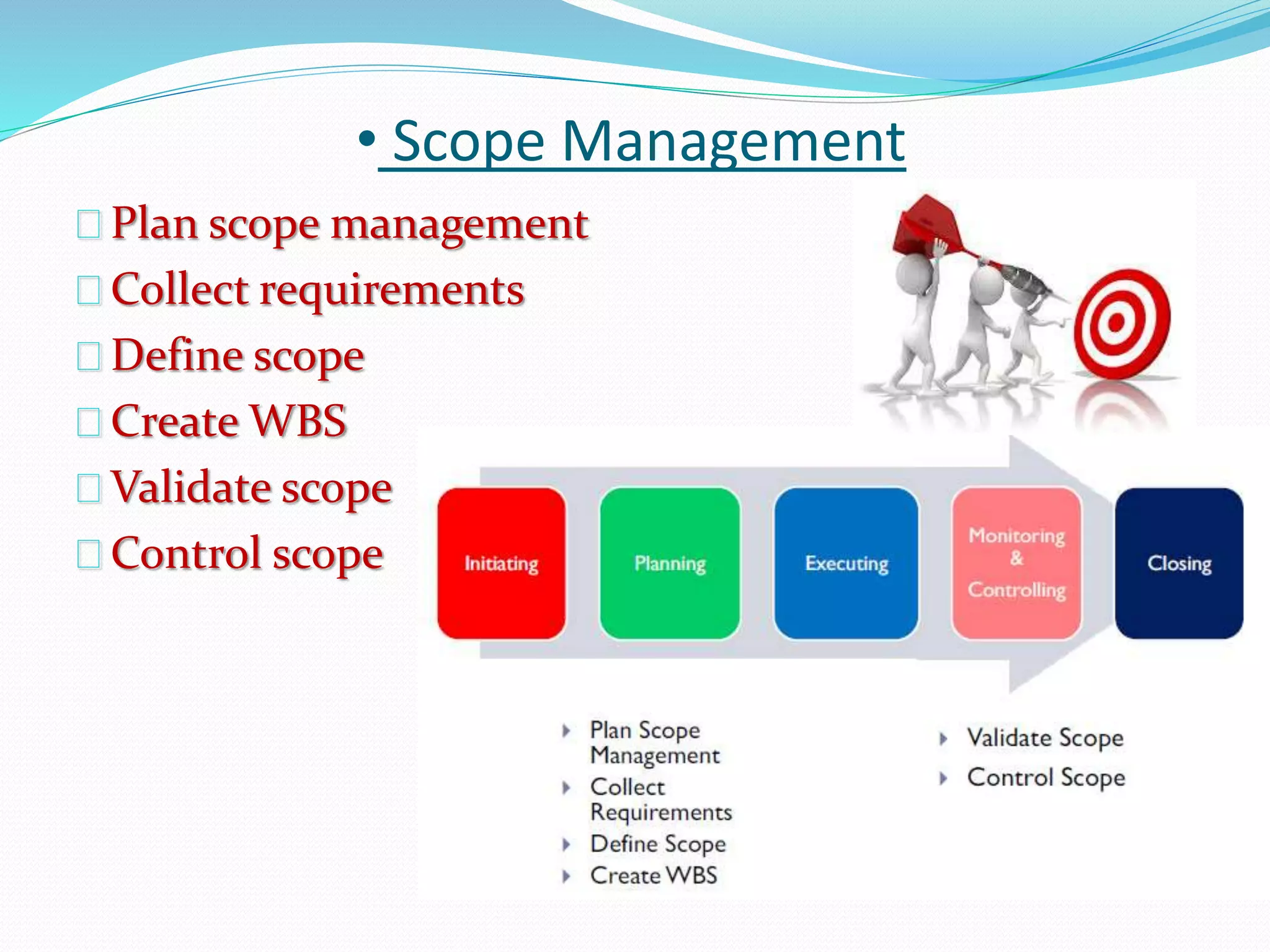 • Scope Management
Plan scope management
Collect requirements
Define scope
Create WBS
Validate scope
Control scope
 