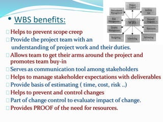 • WBS benefits:
Helps to prevent scope creep
Provide the project team with an
understanding of project work and their duties.
Allows team to get their arms around the project and
promotes team buy-in
Serves as communication tool among stakeholders
Helps to manage stakeholder expectations with deliverables
Provide basis of estimating ( time, cost, risk ..)
Helps to prevent and control changes
Part of change control to evaluate impact of change.
Provides PROOF of the need for resources.
 