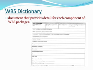 WBS Dictionary
document that provides detail for each component of
WBS packages.
 