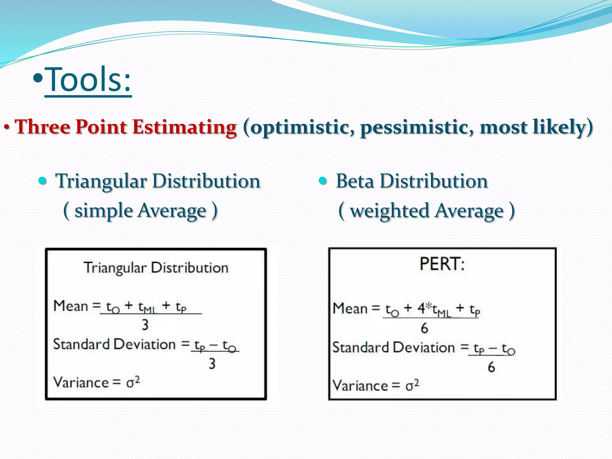 •Tools:
• Three Point Estimating (optimistic, pessimistic, most likely)
 Triangular Distribution
( simple Average )
 Beta Distribution
( weighted Average )
 