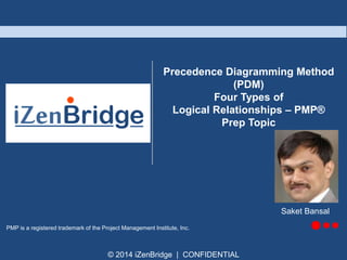 © 2014 iZenBridge | CONFIDENTIAL
PMP is a registered trademark of the Project Management Institute, Inc.
Precedence Diagramming Method
(PDM)
Four Types of
Logical Relationships – PMP®
Prep Topic
Saket Bansal
 