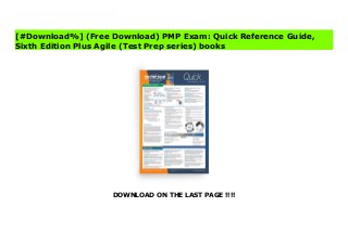 DOWNLOAD ON THE LAST PAGE !!!!
^PDF^ PMP Exam: Quick Reference Guide, Sixth Edition Plus Agile (Test Prep series) File A quick reference guide for the PMP Exam, this sturdy, laminated card accompanies The PMP Exam: How To Pass On Your First Try, 6th + Agile Edition. Highlighting key agile concepts and terms, this guide is updated for the Jan 2021 PMP Exam. Presenting all 49 processes along with the key inputs, tools, and outputs, this helpful tool also depicts techniques, tables, and graphs to highlight the most important information at a glance. Common formulas are organized for rapid look-up, bringing relevant information for the PMP Exam together in one resource.
[#Download%] (Free Download) PMP Exam: Quick Reference Guide,
Sixth Edition Plus Agile (Test Prep series) books
 