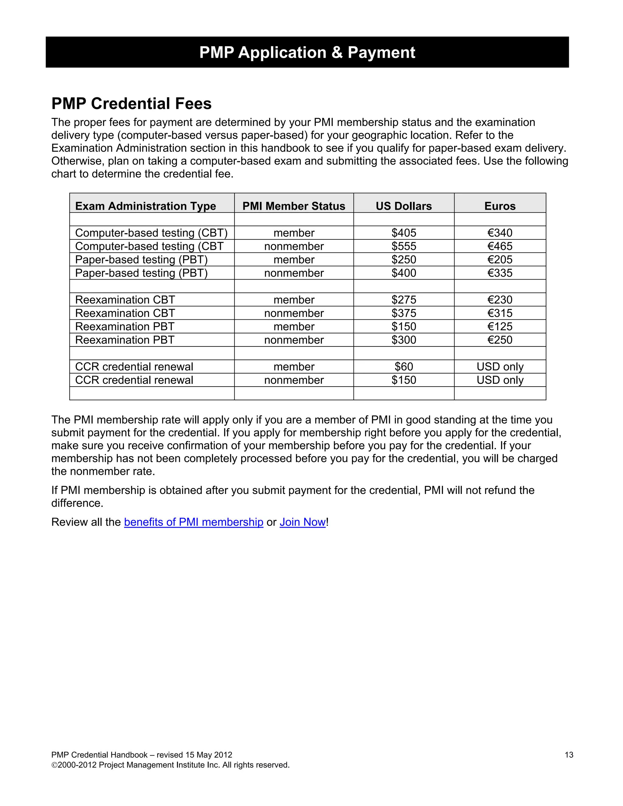 PMP Application & Payment


PMP Credential Fees
The proper fees for payment are determined by your PMI membership status and the examination
delivery type (computer-based versus paper-based) for your geographic location. Refer to the
Examination Administration section in this handbook to see if you qualify for paper-based exam delivery.
Otherwise, plan on taking a computer-based exam and submitting the associated fees. Use the following
chart to determine the credential fee.

      Exam Administration Type                      PMI Member Status   US Dollars       Euros

      Computer-based testing (CBT)                          member        $405           €340
      Computer-based testing (CBT                         nonmember       $555           €465
      Paper-based testing (PBT)                             member        $250           €205
      Paper-based testing (PBT)                           nonmember       $400           €335

      Reexamination CBT                                     member        $275           €230
      Reexamination CBT                                   nonmember       $375           €315
      Reexamination PBT                                     member        $150           €125
      Reexamination PBT                                   nonmember       $300           €250

      CCR credential renewal                                member         $60         USD only
      CCR credential renewal                              nonmember       $150         USD only


The PMI membership rate will apply only if you are a member of PMI in good standing at the time you
submit payment for the credential. If you apply for membership right before you apply for the credential,
make sure you receive confirmation of your membership before you pay for the credential. If your
membership has not been completely processed before you pay for the credential, you will be charged
the nonmember rate.
If PMI membership is obtained after you submit payment for the credential, PMI will not refund the
difference.
Review all the benefits of PMI membership or Join Now!




PMP Credential Handbook – revised 15 May 2012                                                               13
2000-2012 Project Management Institute Inc. All rights reserved.
 