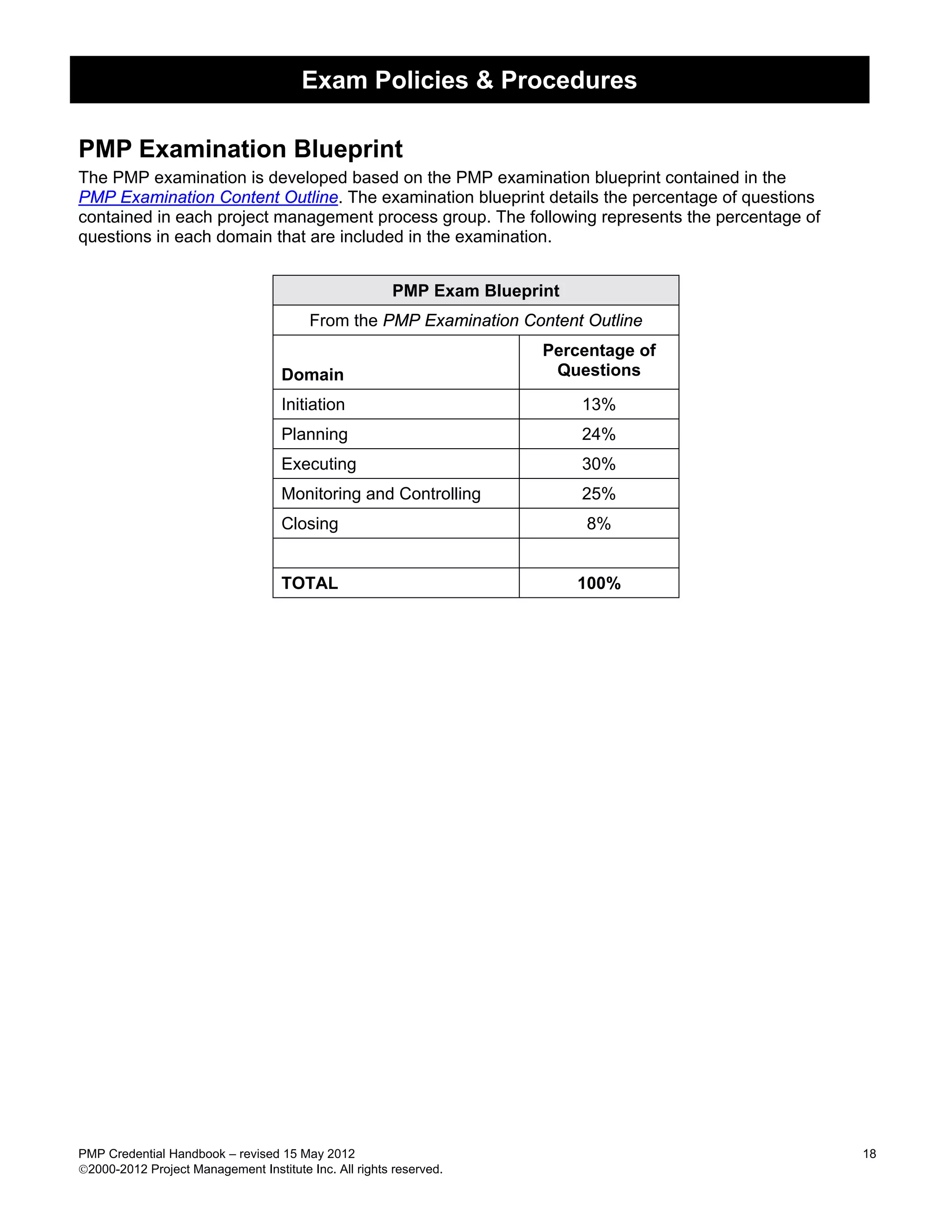 Exam Policies & Procedures

PMP Examination Blueprint
The PMP examination is developed based on the PMP examination blueprint contained in the
PMP Examination Content Outline. The examination blueprint details the percentage of questions
contained in each project management process group. The following represents the percentage of
questions in each domain that are included in the examination.


                                                       PMP Exam Blueprint
                                         From the PMP Examination Content Outline
                                                                       Percentage of
                                    Domain                              Questions

                                    Initiation                              13%
                                    Planning                                24%
                                    Executing                               30%
                                    Monitoring and Controlling              25%
                                    Closing                                 8%


                                    TOTAL                                   100%




PMP Credential Handbook – revised 15 May 2012                                                    18
2000-2012 Project Management Institute Inc. All rights reserved.
 