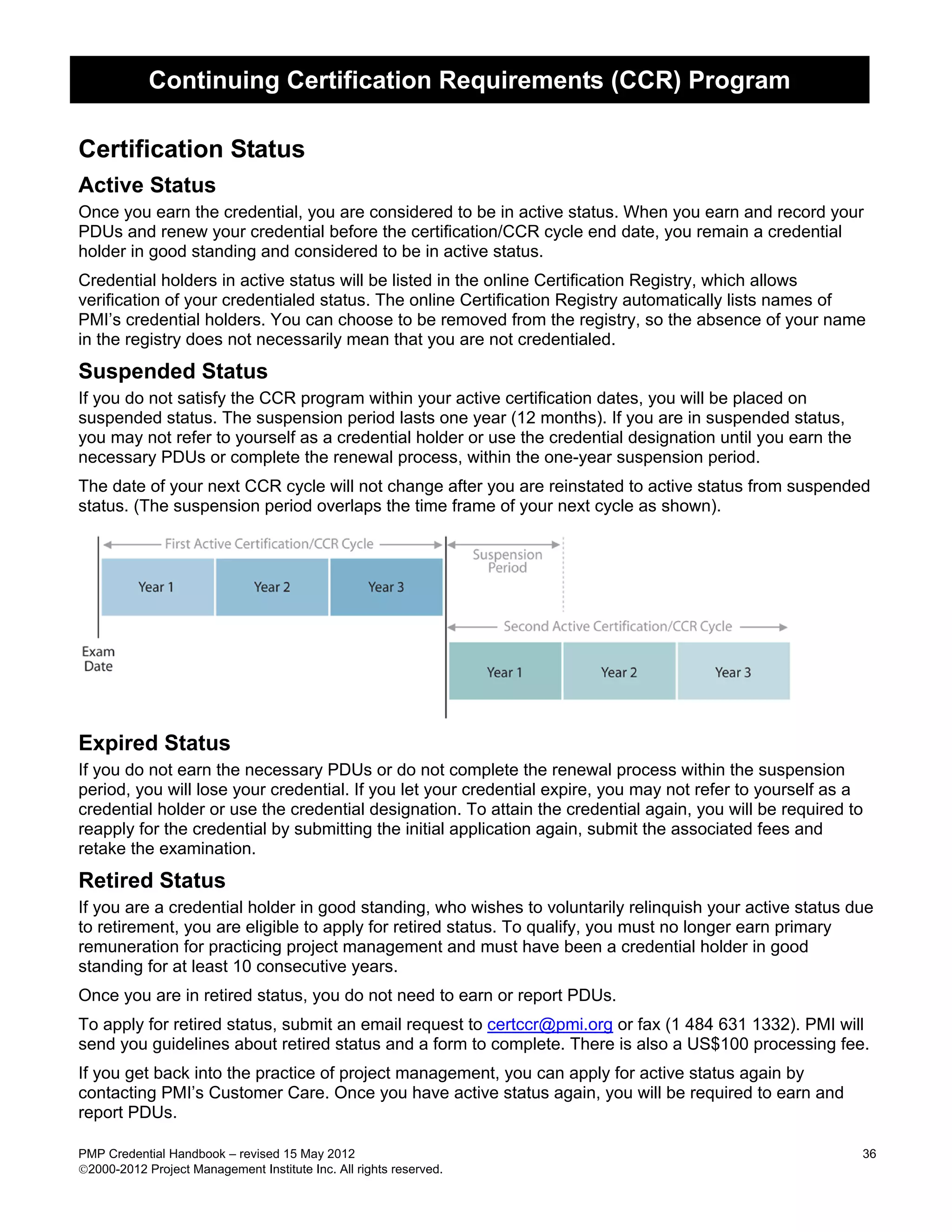 Continuing Certification Requirements (CCR) Program

Certification Status
Active Status
Once you earn the credential, you are considered to be in active status. When you earn and record your
PDUs and renew your credential before the certification/CCR cycle end date, you remain a credential
holder in good standing and considered to be in active status.
Credential holders in active status will be listed in the online Certification Registry, which allows
verification of your credentialed status. The online Certification Registry automatically lists names of
PMI’s credential holders. You can choose to be removed from the registry, so the absence of your name
in the registry does not necessarily mean that you are not credentialed.
Suspended Status
If you do not satisfy the CCR program within your active certification dates, you will be placed on
suspended status. The suspension period lasts one year (12 months). If you are in suspended status,
you may not refer to yourself as a credential holder or use the credential designation until you earn the
necessary PDUs or complete the renewal process, within the one-year suspension period.
The date of your next CCR cycle will not change after you are reinstated to active status from suspended
status. (The suspension period overlaps the time frame of your next cycle as shown).




Expired Status
If you do not earn the necessary PDUs or do not complete the renewal process within the suspension
period, you will lose your credential. If you let your credential expire, you may not refer to yourself as a
credential holder or use the credential designation. To attain the credential again, you will be required to
reapply for the credential by submitting the initial application again, submit the associated fees and
retake the examination.
Retired Status
If you are a credential holder in good standing, who wishes to voluntarily relinquish your active status due
to retirement, you are eligible to apply for retired status. To qualify, you must no longer earn primary
remuneration for practicing project management and must have been a credential holder in good
standing for at least 10 consecutive years.
Once you are in retired status, you do not need to earn or report PDUs.
To apply for retired status, submit an email request to certccr@pmi.org or fax (1 484 631 1332). PMI will
send you guidelines about retired status and a form to complete. There is also a US$100 processing fee.
If you get back into the practice of project management, you can apply for active status again by
contacting PMI’s Customer Care. Once you have active status again, you will be required to earn and
report PDUs.

PMP Credential Handbook – revised 15 May 2012                                                               36
2000-2012 Project Management Institute Inc. All rights reserved.
 