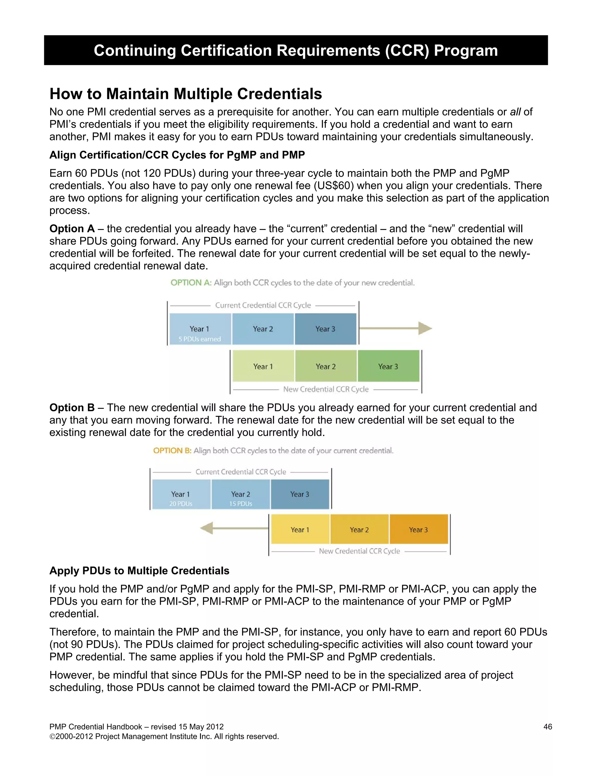 Continuing Certification Requirements (CCR) Program

How to Maintain Multiple Credentials
No one PMI credential serves as a prerequisite for another. You can earn multiple credentials or all of
PMI’s credentials if you meet the eligibility requirements. If you hold a credential and want to earn
another, PMI makes it easy for you to earn PDUs toward maintaining your credentials simultaneously.
Align Certification/CCR Cycles for PgMP and PMP
Earn 60 PDUs (not 120 PDUs) during your three-year cycle to maintain both the PMP and PgMP
credentials. You also have to pay only one renewal fee (US$60) when you align your credentials. There
are two options for aligning your certification cycles and you make this selection as part of the application
process.
Option A – the credential you already have – the “current” credential – and the “new” credential will
share PDUs going forward. Any PDUs earned for your current credential before you obtained the new
credential will be forfeited. The renewal date for your current credential will be set equal to the newly-
acquired credential renewal date.




Option B – The new credential will share the PDUs you already earned for your current credential and
any that you earn moving forward. The renewal date for the new credential will be set equal to the
existing renewal date for the credential you currently hold.




Apply PDUs to Multiple Credentials
If you hold the PMP and/or PgMP and apply for the PMI-SP, PMI-RMP or PMI-ACP, you can apply the
PDUs you earn for the PMI-SP, PMI-RMP or PMI-ACP to the maintenance of your PMP or PgMP
credential.
Therefore, to maintain the PMP and the PMI-SP, for instance, you only have to earn and report 60 PDUs
(not 90 PDUs). The PDUs claimed for project scheduling-specific activities will also count toward your
PMP credential. The same applies if you hold the PMI-SP and PgMP credentials.
However, be mindful that since PDUs for the PMI-SP need to be in the specialized area of project
scheduling, those PDUs cannot be claimed toward the PMI-ACP or PMI-RMP.


PMP Credential Handbook – revised 15 May 2012                                                                46
2000-2012 Project Management Institute Inc. All rights reserved.
 
