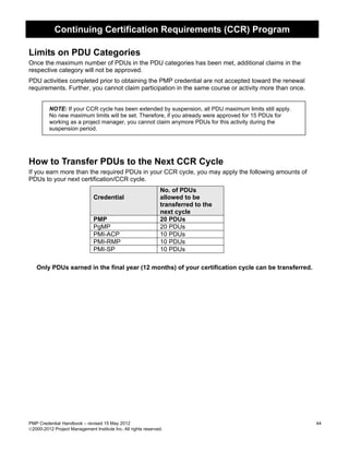 Continuing Certification Requirements (CCR) Program

Limits on PDU Categories
Once the maximum number of PDUs in the PDU categories has been met, additional claims in the
respective category will not be approved.
PDU activities completed prior to obtaining the PMP credential are not accepted toward the renewal
requirements. Further, you cannot claim participation in the same course or activity more than once.


         NOTE: If your CCR cycle has been extended by suspension, all PDU maximum limits still apply.
         No new maximum limits will be set. Therefore, if you already were approved for 15 PDUs for
         working as a project manager, you cannot claim anymore PDUs for this activity during the
         suspension period.




How to Transfer PDUs to the Next CCR Cycle
If you earn more than the required PDUs in your CCR cycle, you may apply the following amounts of
PDUs to your next certification/CCR cycle.
                                                               No. of PDUs
                               Credential                      allowed to be
                                                               transferred to the
                                                               next cycle
                               PMP                             20 PDUs
                               PgMP                            20 PDUs
                               PMI-ACP                         10 PDUs
                               PMI-RMP                         10 PDUs
                               PMI-SP                          10 PDUs

   Only PDUs earned in the final year (12 months) of your certification cycle can be transferred.




PMP Credential Handbook – revised 15 May 2012                                                           44
2000-2012 Project Management Institute Inc. All rights reserved.
 