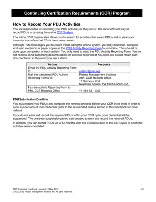 Continuing Certification Requirements (CCR) Program

How to Record Your PDU Activities
You are responsible for recording your PDU activities as they occur. The most efficient way to
record PDUs is by using the online CCR System.
The online CCR System also allows you to search for activities that award PDUs and to view your
transcript to confirm that PDUs have been posted.
Although PMI encourages you to record PDUs using the online system, you may download, complete
and send electronic or paper copies of the PDU Activity Reporting Form found online. This should be
done upon completion of each activity. You only need to send the PDU Activity Reporting Form. You do
not need to send supporting documentation for activities reported at this point, but should retain such
documentation in the event you are audited.

                               Action                                           Resource
                Email the PDU Activity Reporting Form
                to:                                                 certccr@pmi.org
                Mail the completed PDU Activity                     Project Management Institute
                Reporting Forms to:                                 Attn: CCR Records Office
                                                                    14 Campus Blvd
                                                                    Newtown Square, PA 19073-3299 USA
                Fax the Activity Reporting Form to
                PMI, CCR Records Office                             +1 484 631 1332


PDU Submission Deadline
You must record your PDUs and complete the renewal process before your CCR cycle ends in order to
avoid suspension of your credential (refer to the Suspended Status section in this handbook for more
details).
If you do not earn and record the required PDUs within your CCR cycle, your credential will be
suspended. The one-year suspension period can be used to earn and record the required PDUs.
In addition, you can record PDUs up to 12 months after the expiration date of the CCR cycle in which the
activities were completed.




PMP Credential Handbook – revised 15 May 2012                                                             45
2000-2012 Project Management Institute Inc. All rights reserved.
 