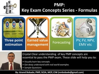 By: Anand Bobade; PMP, SCEA, MCP, CIW (nmbobade@gmail.com)
PMP:
Key Exam Concepts Series - Formulas
Crystal Clear understanding of key PMP concepts are
essential to pass the PMP exam. These slide will help you to:
• Visually learn key concepts
• Get deep understand with real world examples
• Sample Questions
Three point
estimation
Earned value
management
Forecasting
PV, FV, NPV,
EMV etc
 